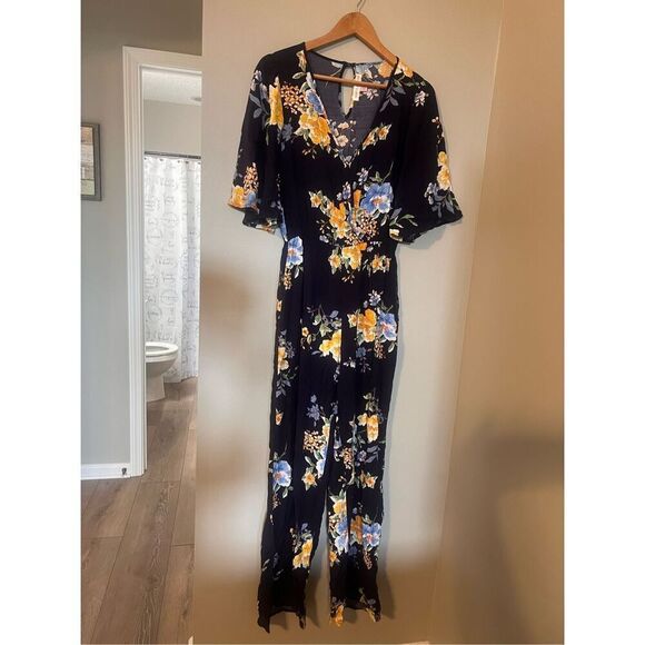 Ban Of Gypsies Size M Wide Leg Floral Jumpsuit Dark Blue Western Wedding Guest - Picture 5 of 10
